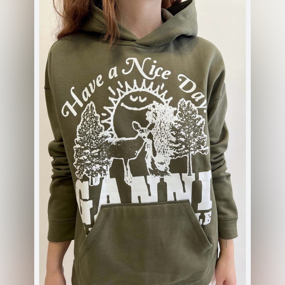 GANNI Women’s XXS / XS Logo Print Animals Isoli Have a Nice Day Hoodie